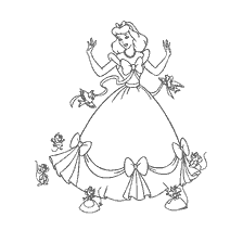 coloriage: Coloriage Cendrillon dans une robe magnifique avec des souris et des oiseaux