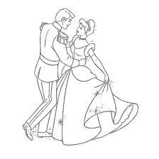 coloriage: Cendrillon danse avec prince au bal dans un livre de coloriage
