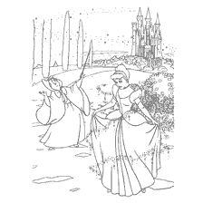 coloriage: Cendrillon dans une nouvelle robe avec une marraine fée sur le fond du château