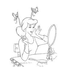 coloriage: Cendrillon se voit dans un miroir entouré d'oiseaux et d'amis magiques
