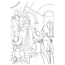 coloriage: Cendrillon et Prince sur le fond des invités au bal