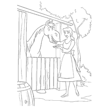 coloriage: Cendrillon nourrit un cheval dans une écurie