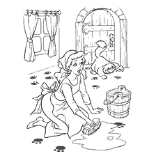 coloriage: Cendrillon nettoyant le sol, avec un seau et un chat