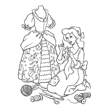 coloriage: Cendrillon coudre une robe de bal