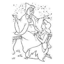 coloriage: Cendrillon agenouillé devant la marraine fée, entourée d'étincelles magiques