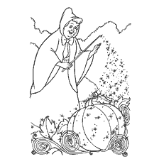 coloriage: Cendrillon avec une baguette magique transforme la citrouille en chariot