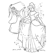 coloriage: Colorer Cendrillon avec la marraine fée qui utilise une baguette magique.