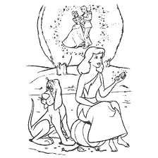 coloriage: Coloriage Cendrillon avec un chien sur fond de rêves