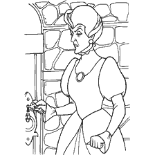coloriage: La belle-mère de Cendrillon ferme la porte, en colère et en riant.