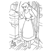 coloriage: Cendrillon se tient à la porte, saluant ses amis de souris