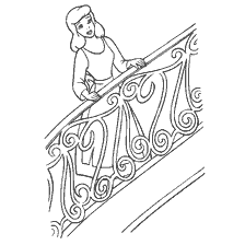 coloriage: Cendrillon se tient sur l'escalier, regardant en bas.