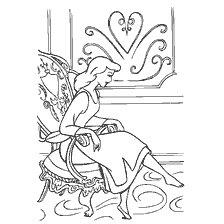 coloriage: Cendrillon s'assied sur une chaise et tente une chaussure