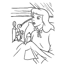 coloriage: Cendrillon communique avec les oiseaux sur son lit