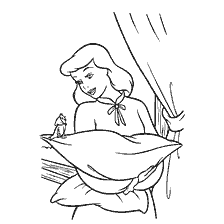coloriage: Cendrillon tient un oreiller et chante avec des oiseaux