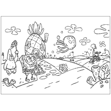 coloring page: SpongeBob SquarePants with his friends on a wonderful day