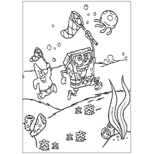 coloring page: SpongeBob and Patrick with nets at the bottom of the ocean catch jellyfish
