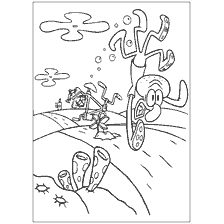 coloring page: SpongeBob SquarePants falls off bike amid underwater world