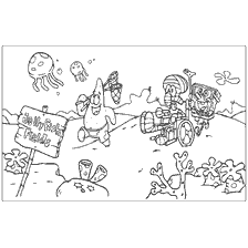 coloring page: SpongeBob SquarePants in the jellyfish area