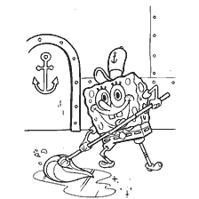 coloring page: SpongeBob Square pants washing floor at Krusty Krabs restaurant
