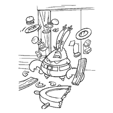 coloring page: Crabsburger flies around Mr Crab in restaurant