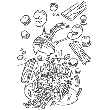 coloring page: SpongeBob and Crabs exploding with burgers and debris around