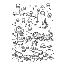 coloring page: SpongeBob and his friend in a rain of hamburgers