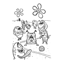 coloring page: SpongeBob and his friends play on the beach