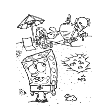 coloring page: SpongeBob on the beach with other characters