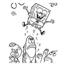 coloring page: SpongeBob SquarePants jumps like a rocket amongst surprised marine residents.