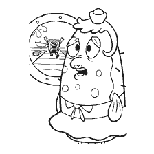 coloring page: Mrs. Pough looks at SpongeBob through the window