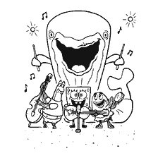 coloring page: SpongeBob Square pants with friends in music scene