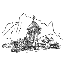 coloriage: Une marina avec des maisons et un phare du dessin animé Miracles à tour de rôle