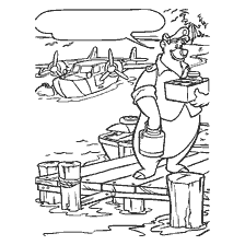 coloriage: Un ours avec un panier sur une jetée près d'un avion préparant un pique-nique