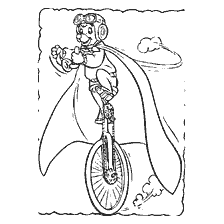 coloriage: Keith Vetrogon, le héros du dessin animé, monte un monocycle avec une cape flatteuse.