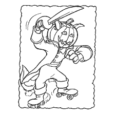 coloriage: Le pirate principal avec une tête de citrouille et un sabre sur rouleaux