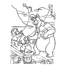 coloriage: Enfants avec un ours serpents de lancement sur la rive