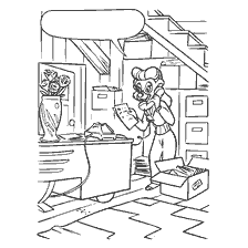 coloriage: Rebecca est sur son téléphone, prête à prendre des commandes, dans un bureau avec des boîtes et un vase de fleurs.
