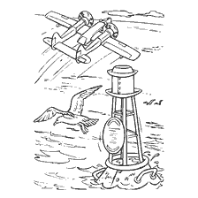coloriage: Plane décolle sur l'étang avec phare