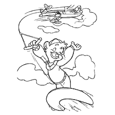 coloriage: Dessin du livre de coloriage des Miracles sur tour, où un garçon tient une corde avec un avion