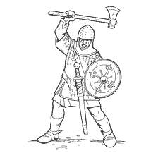 coloring page: Knight Crusader, Europe, XIII century. Armed with weapons and protective equipment.