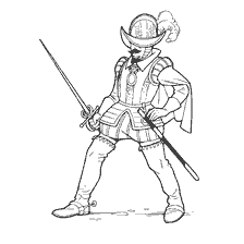 coloring page: Officer of the Royal Guard with a sword in a historical costume of the XVII century