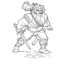 coloring page: Illustration of Landsknecht of the XVI century with detailed descriptions of its appearance and weapons