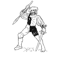 coloring page: Landsknecht Warrior with Sword and Peak, Europe XVI century