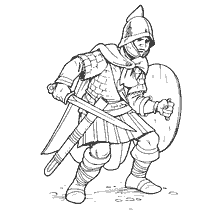 coloring page: Gothic warrior with sword and shield, in combat training.