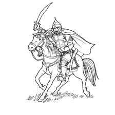 coloring page: Drawing of a voivode in ceremonial armor on a horse with a sword