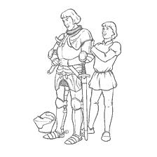 coloring page: A knight in armor with a squire helping him