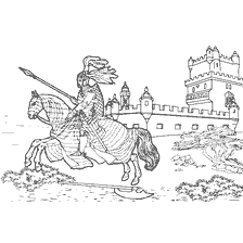 coloring page: Knight on horseback with a spear against the background of the castle