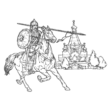 coloring page: Image of a pennyman on a horse with a spear and shield