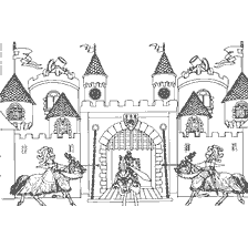 coloring page: Drawing of the royal castle with knights and warriors on horses