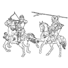 coloring page: Group of horse riders, knights and soldiers in combat readiness